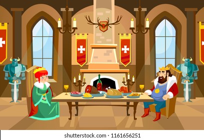 Cartoon castle hall with king and queen. Royal dinner in front of fireplace in big room. Vector illustration