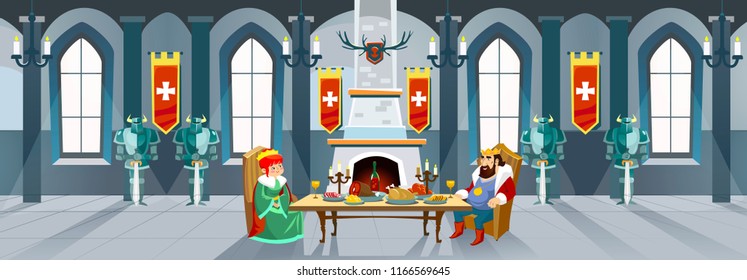 Cartoon castle hall with king and queen. Royal dinner in front of fireplace in big room. Vector illustration