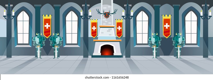 Cartoon castle hall with knights, fireplace and windows in big room. Vector illustration