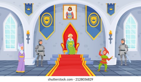Cartoon castle hall with throne, ballroom interior with medieval characters. Queen, knight, lady, royal palace room vector illustration. Castle hall, palace ballroom interior with ruler
