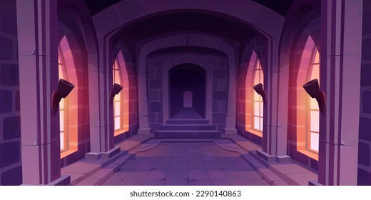Cartoon castle hallway interior design. Vector illustration of corridor perspective inside medieval palace with large gothic windows, stone walls and floor, mysterious dark doorway. Path to dungeon