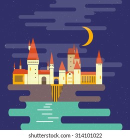 Cartoon castle isolated vector illustration. School in moonlight. Modern flat style.