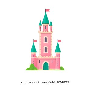 Castillo de dibujos animados, palacio del reino. Aislado Vector medieval edificio caprichoso. Castillo rosa de princesa mágica con torretas imponentes, paredes almenadas y un puente levadizo, banderas ondeantes y vegetación alrededor