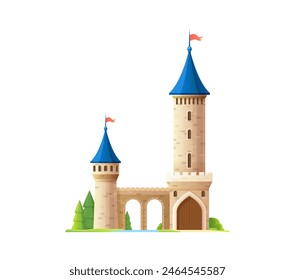 Cartoon castle, kingdom palace. Isolated vector medieval building. Magic princess castle with towering turrets and flags, crenellated walls, arches, bridge and drawbridge gate and greenery around