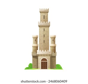 Castillo de dibujos animados, palacio del reino. Fortaleza de Vector aislado con torres, puente levadizo y ventanas. Fortificada fabulosa construcción de bastión. Arquitectura del castillo del rey, antiguo edificio real europeo