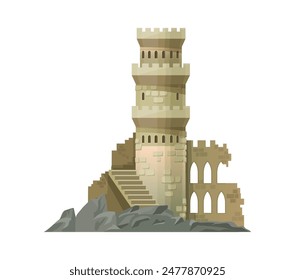 Cartoon castle, kingdom palace. Isolated vector ancient medieval or fairytale, partially ruined tower structure features a spiral staircase, arched windows,and weathered stone walls set on rocky base