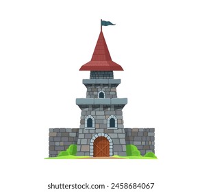 Cartoon castle, kingdom palace, medieval fortress with thick stone wall, tower and loopholes for defense. Isolated vector fortified stronghold architecture construction for protection against enemies