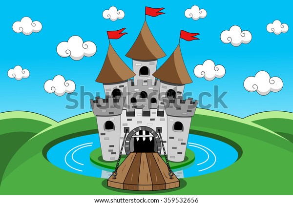 Cartoon\
castle with lift bridge down open gate and\
moat