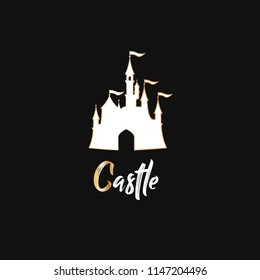 Cartoon castle logo, banner. Amazing amusement park. Vector illustration. Brush hand lettering.