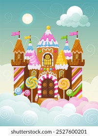 Castillo de dibujos animados hecho de dulces en un paisaje caprichoso. Ilustración vectorial