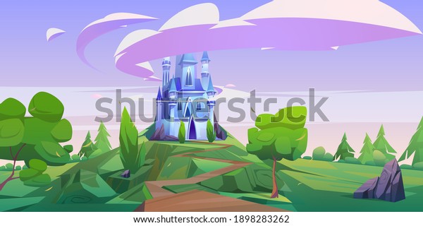 Cartoon castle, magic fairy tale palace with\
turrets. Fantasy fortress stand on mountain top with rocky road\
lead to gates and lilac clouds in sky, medieval architecture,\
dream, vector\
illustration