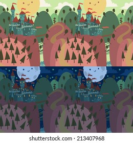 Cartoon Castle on a Hill. The vector illustration of cartoon castle on a hill. seamless pattern for games presentations, ui tablets, smart phones.