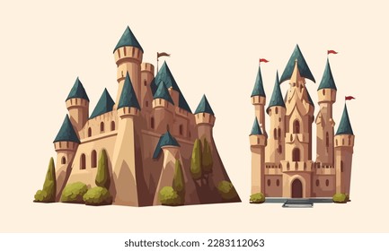 Cartoon castle on a light background. Medieval castle. Flat vector illustration.