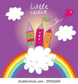 castillo de dibujos animados sobre el arco iris en el cielo violeta