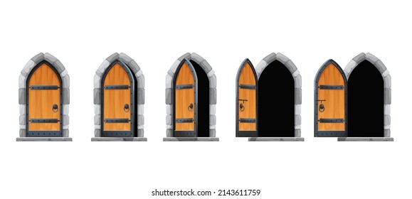 Cartoon castle open gate or door, vector motion animation of medieval palace entrance. Castle or house wooden arch gates to animate for opening and closing, old stone doorway or wood gateway