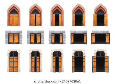 Animación de movimiento de la puerta abierta o del castillo de caricatura. Entrada del templo medieval, puerta de madera de palacio o fortaleza europea con rejas metálicas o abertura de la puerta vectorial del antiguo edificio, bucle de animación cerrado