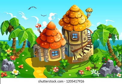 Cartoon castle in the tropics. Vector illustration.