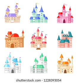 Cartoon castle vector fairytale medieval tower of fantasy palace building in kingdom fairyland illustration childish set of princess fairy-tale house isolated on white background