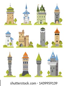 Cartoon castle vector fairytale medieval tower of fantasy palace building in kingdom fairyland illustration towering set of historical fairy-tale towered house isolated on white background