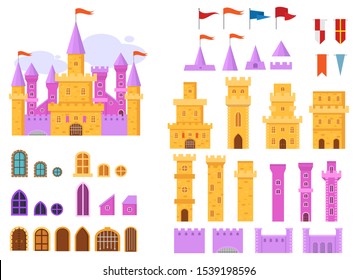 Cartoon castle vector fairytale medieval tower constructor of fantasy palace building in kingdom fairyland illustration. Set of historical fairy-tale house bastion isolated on white background.