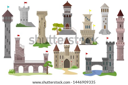 Cartoon castle vector fairytale medieval tower of fantasy palace building in kingdom fairyland illustration set of historical fairy-tale house isolated on white background 商業照片 © 
