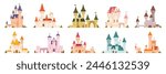 Cartoon castles. Fairytale medieval towers. Royal old building place kingdom. Magic stone castle exterior with tower fortress and citadel. King and queen palace. Vector set. Ancient magic architecture