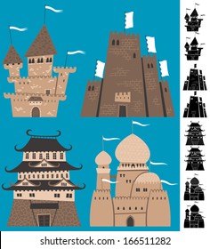 Cartoon Castles: Set of cartoon castles. Silhouette versions are also included. No transparency and gradients used. 