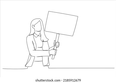 Cartoon of casual business woman holding a placard, looking up. Continuous line art style
