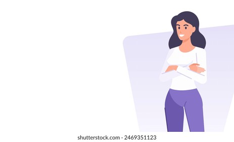 Cartoon casual business woman standing with crossed hands banner design template vector flat illustration. Smiling female character commercial presentation promo announce poster with copy space