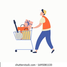 Cartoon casual man carrying heap of goods on trolley during big sale vector flat illustration. Colorful male shopaholic enjoying sale isolated on white. Joyful buyer guy with purchase