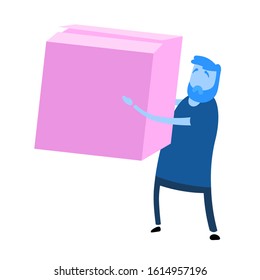 Cartoon casual man holding big parcel box. Cartoon design icon. Flat vector illustration. Isolated on white background.