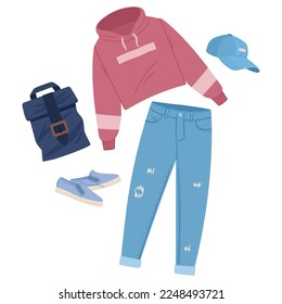 Cartoon Casual Outfit. Modekleidung, Sweatshirt, Jeans und Accessoires, Frauenkleidung sehen flach aus, Vektorgrafik auf weißem Hintergrund