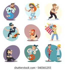 Cartoon Casual People Hipster Geek Goth Phone Coffie Characters Icon Set Design Retro Vector Illustration