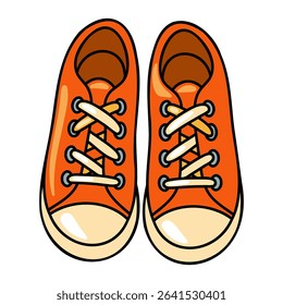 Cartoon casual sneakers in orange with laces and beige toe cap. Trendy canvas sport footwear. Travel and everyday shoes