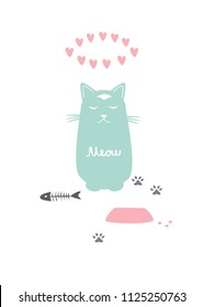 Cartoon cat in after meal meditation. Funny cool character. Vector illustration. Pastel palette