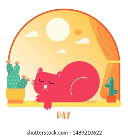 Cartoon Cat in the afternoon sleeps on the window vector illustration