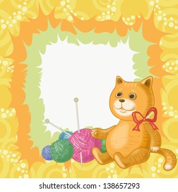 Cartoon cat against the background of accessories for knitting. Vector