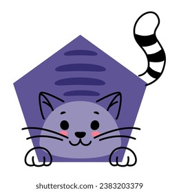 Caricatura de animal gato con forma matemática. Enseñanza de niños en la escuela forma básica del pentágono, niño de kindergarten aprende figura vectorial geométrica de gato violeta o gatito gracioso personaje de mascota