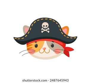 Cartoon Katze Tier Piraten und Korsar Gesicht. Matrose und Kapitän, Skipper und Bootsführer kawaii Charakter. Isolierte Vektorgrafik Kätzchen Personage mit entzückender Tricorn Hut für Baby Duschkarte, Buch oder Spiel