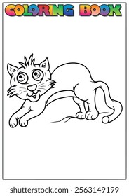 Cartoon cat arching its back in a playful pose, inviting children to color and bring it to life.