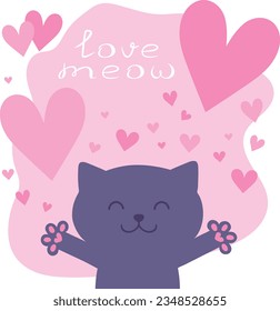 Cartoon cat asks for love. Cute hugging cat in childish style with a text Love meow and hearts. Valentine Day. Vector illustration