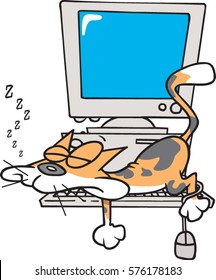 cartoon cat asleep at the computer