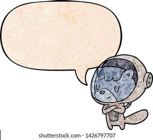 cartoon cat astronaut animals with speech bubble in retro texture style