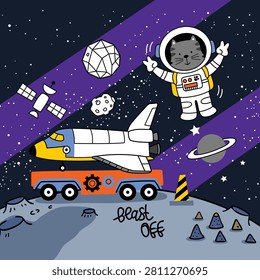 Cartoon cat astronaut beside space shuttle on lunar surface with stars and planets. Space exploration concept