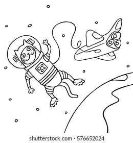 Cartoon Cat Astronaut Vector Illustration. Day of Astronautics. Freehand Digital Outline Drawing. 