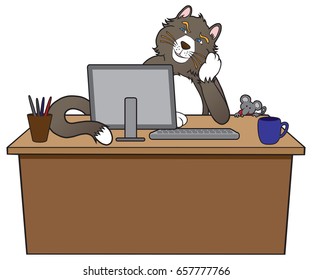 Cartoon cat author is attempting to come up with something to write while mouse looks on