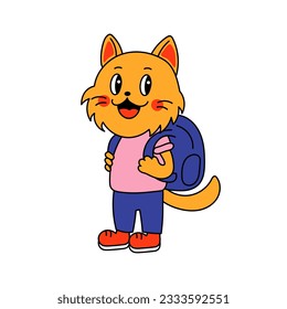 Cartoon cat with backpack. Funny flat style vector kitten dressed in clothes. Cat character illustration. Kitten mascot.