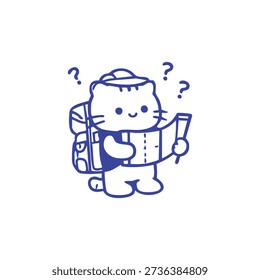 A cartoon cat with a backpack reads a map with question marks above its head.