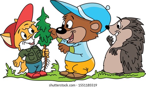 Un gato de caricatura, un oso y un erizo yendo a los bosques a plantar la ilustración vectorial de los árboles