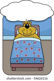 A cartoon cat in bed dreaming and smiling.